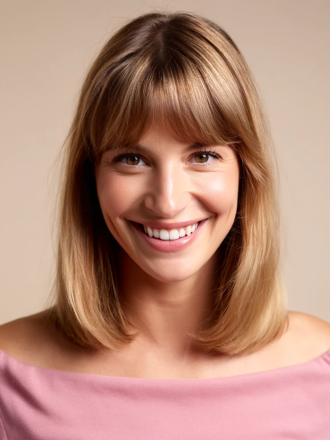Shoulder-Length Straight Honey Blonde Lob with Blunt Bangs