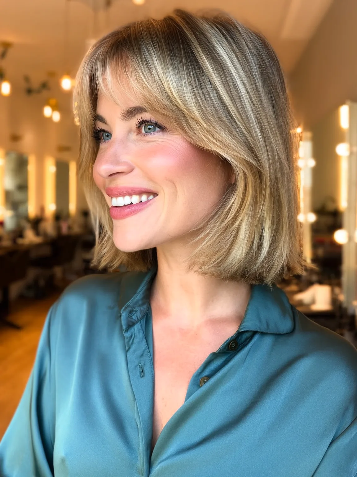 Chin-Length Straight Sandy Blonde Bob with Curtain Bangs