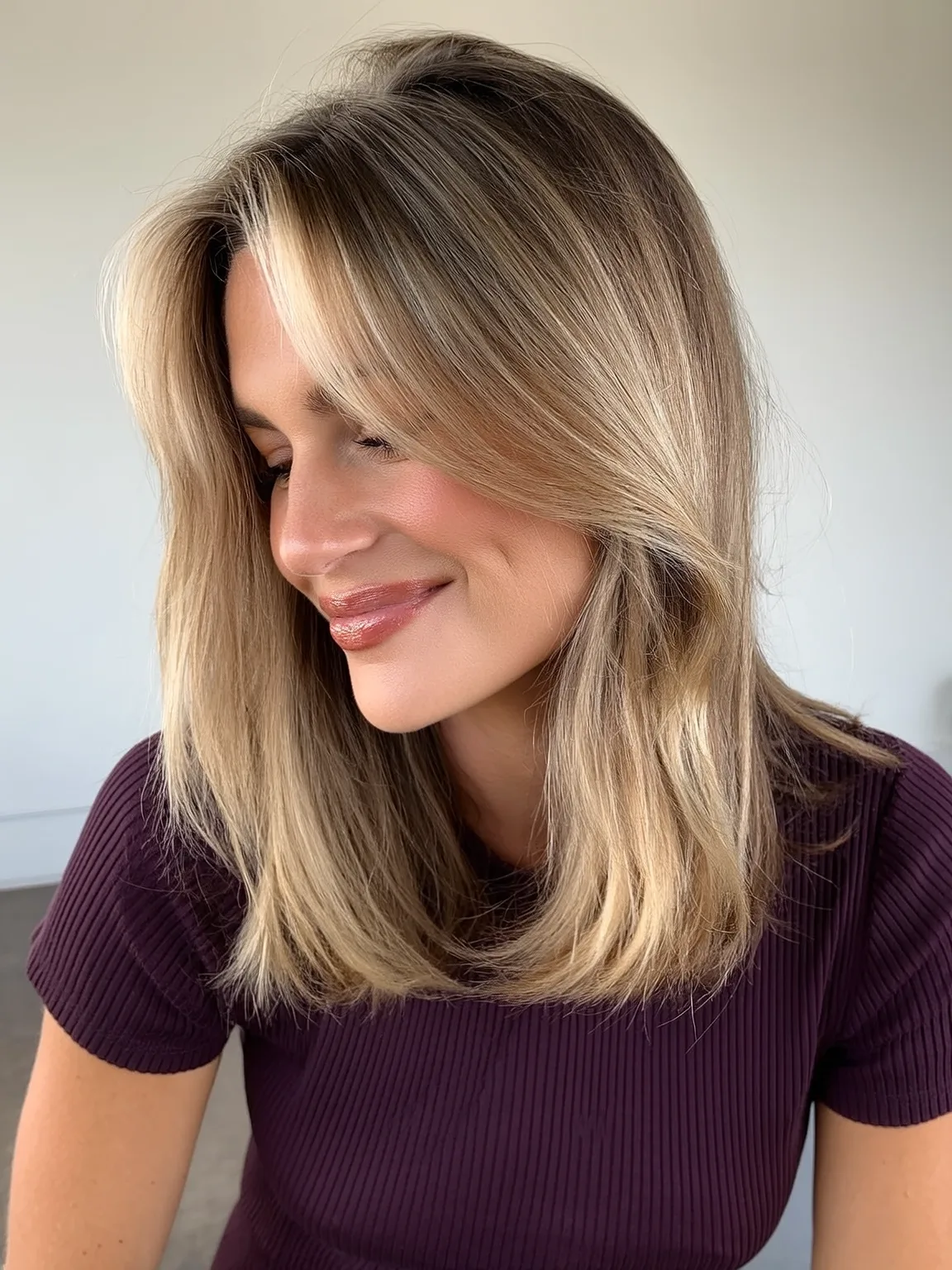 Versatile Straight Sandy Blonde Shoulder-Length Lob with Curtain Bangs