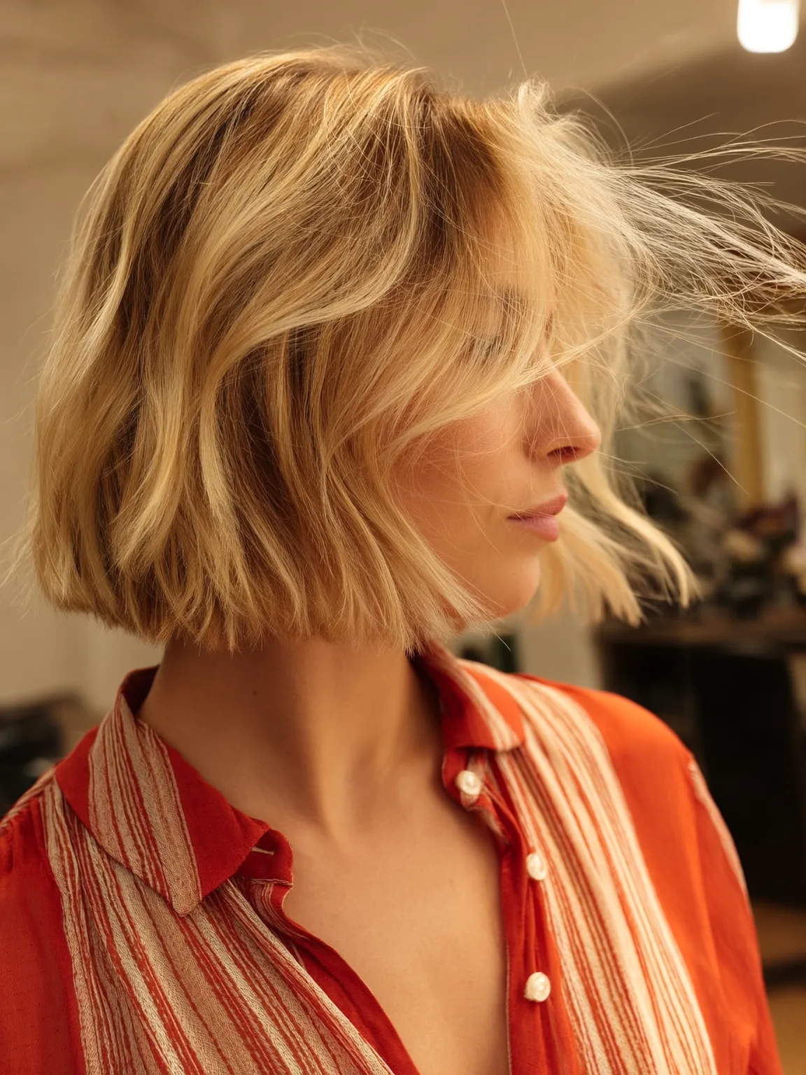 Chin-Length Wavy Bob with Subtle Sandy Blonde Highlights
