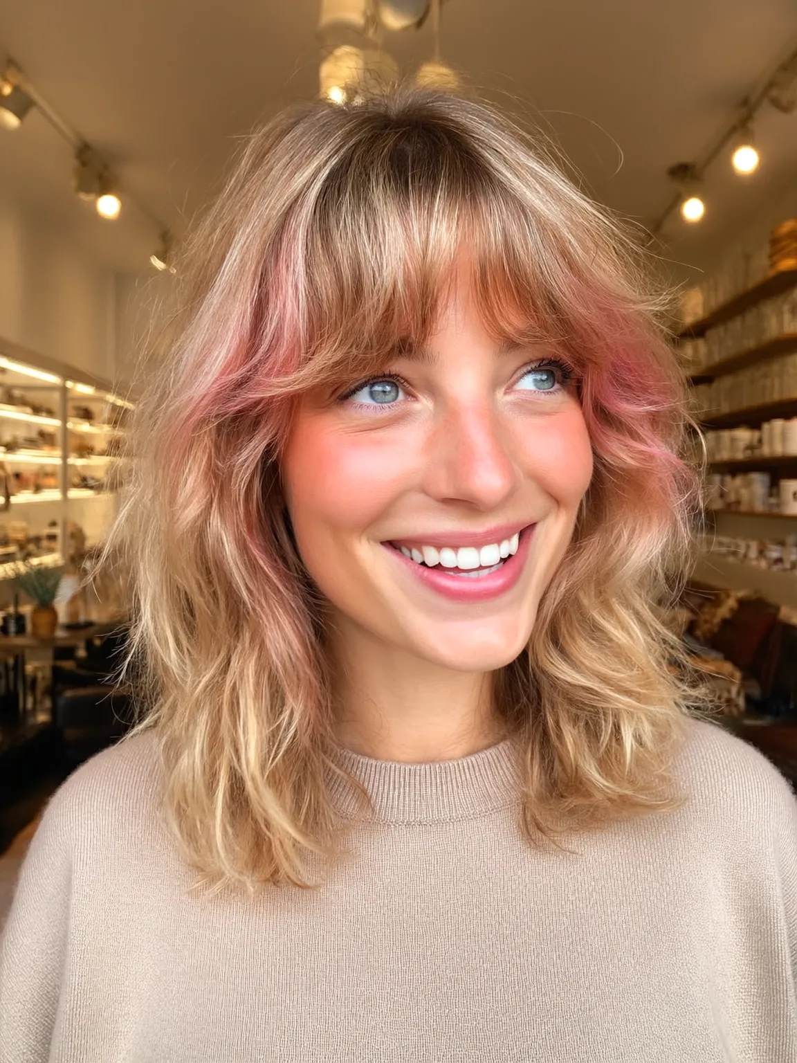 Wavy Soft Sandy Blonde Lob with Curtain Bangs