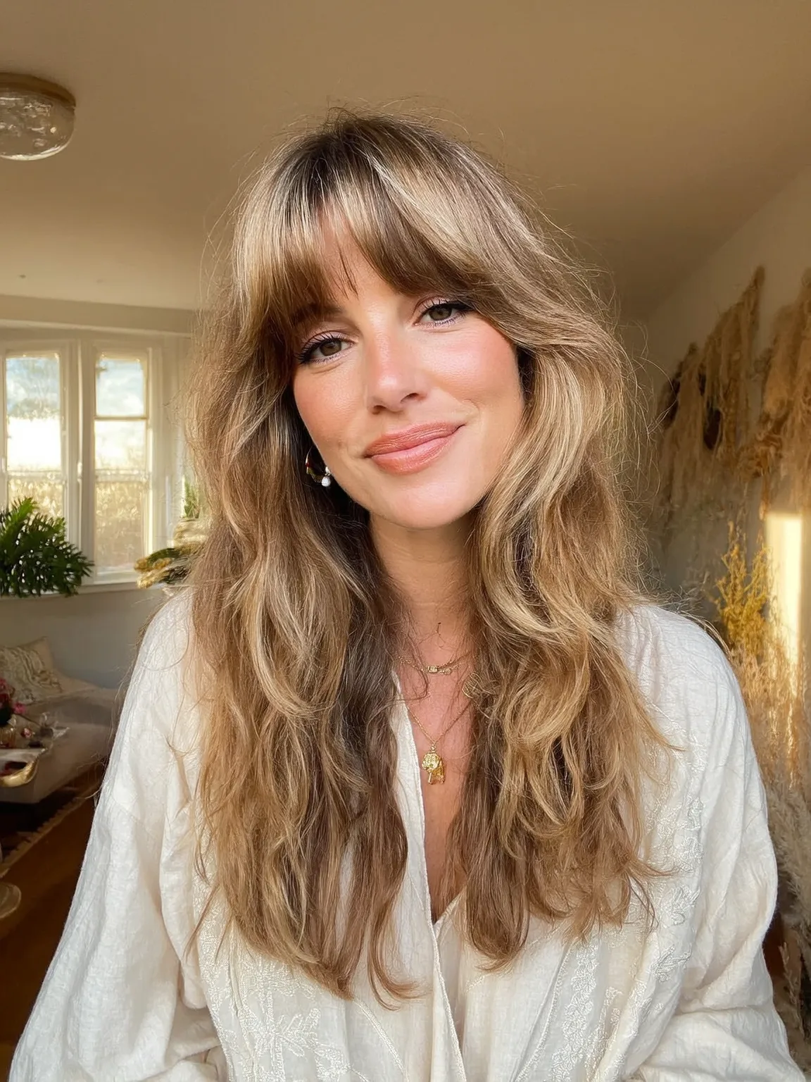 Sandy Blonde Wavy Layers with Sun-Kissed Curtain Bangs