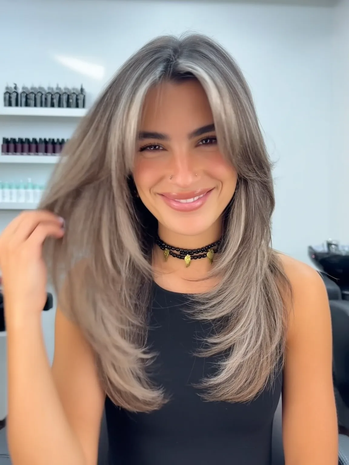 Long Straight Silver Frost Layers with Long Bangs