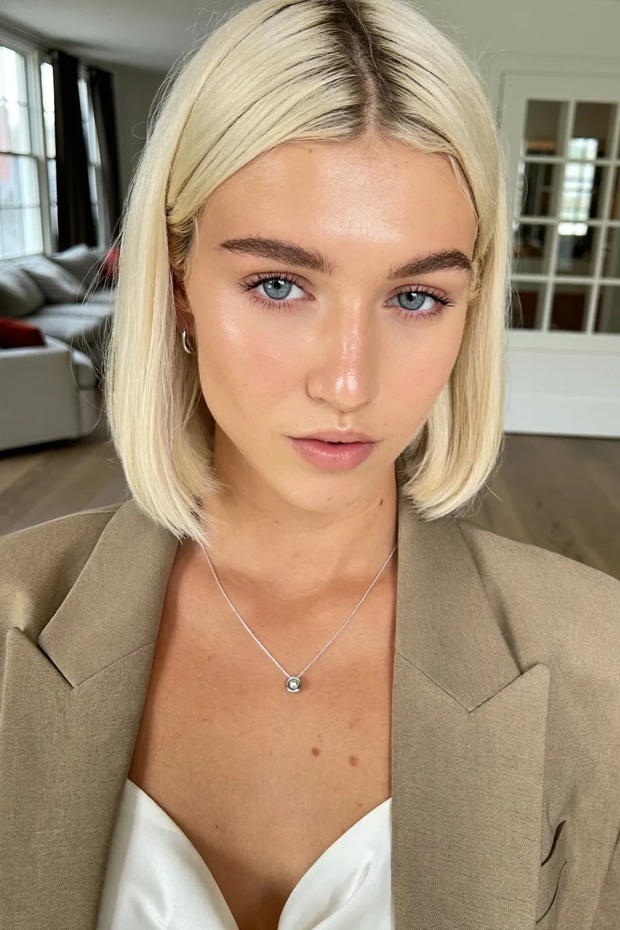 Sleek Center-Parted Platinum Bob for Effortless Sophistication
