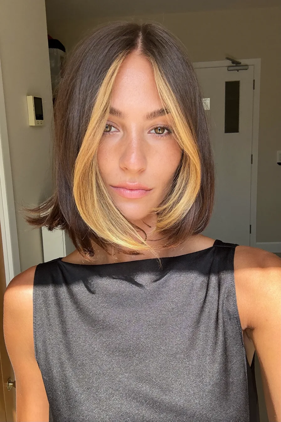 Center-Parted Sleek Bob with Face-Framing Blonde Highlights