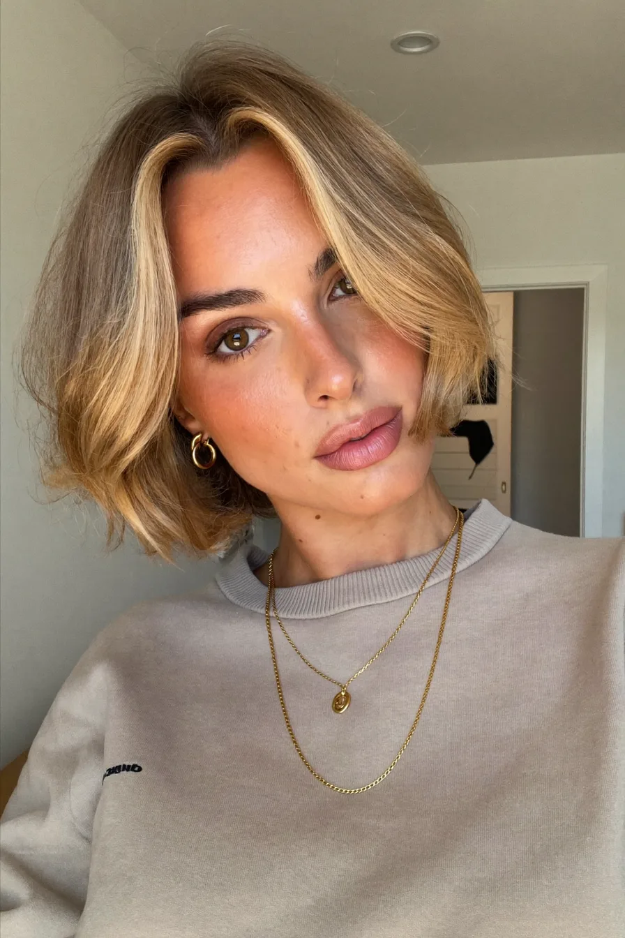 Soft Textured Balayage Blonde Bob with Face-Framing Layers