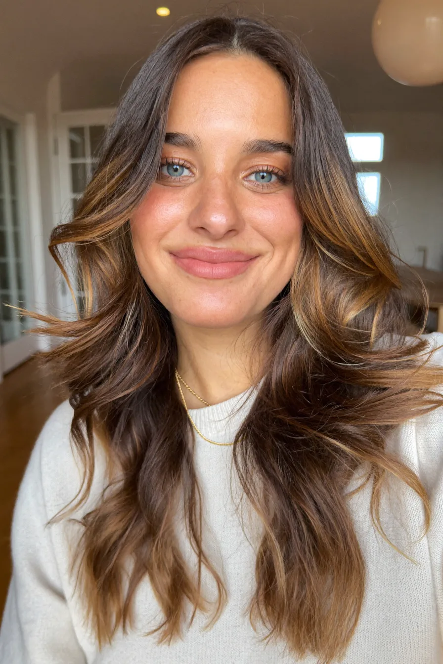 Voluminous Long Layers with Honey Blonde Balayage Highlights