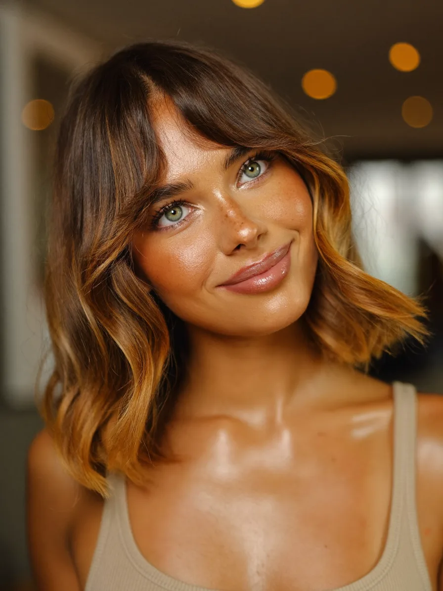 Shoulder-Length Warm Brown Lob with Honey Blonde Balayage