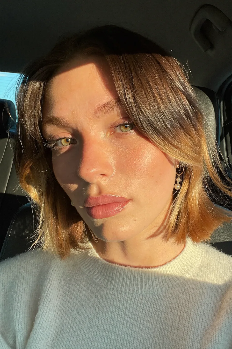 Chin-Length Layered Lob with Honey Blonde Balayage Ends