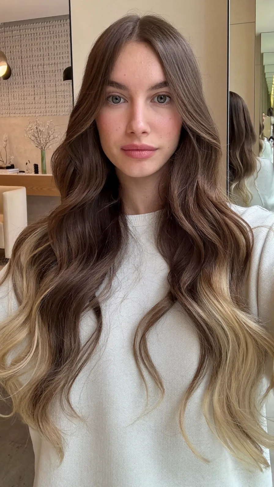 Soft Long Layered Balayage with Flowing Curtain Bangs