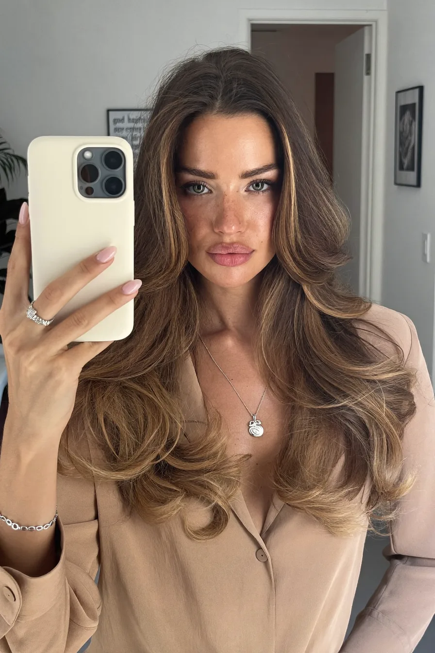 Voluminous Long Layered Blowout with Honey Blonde Balayage Highlights