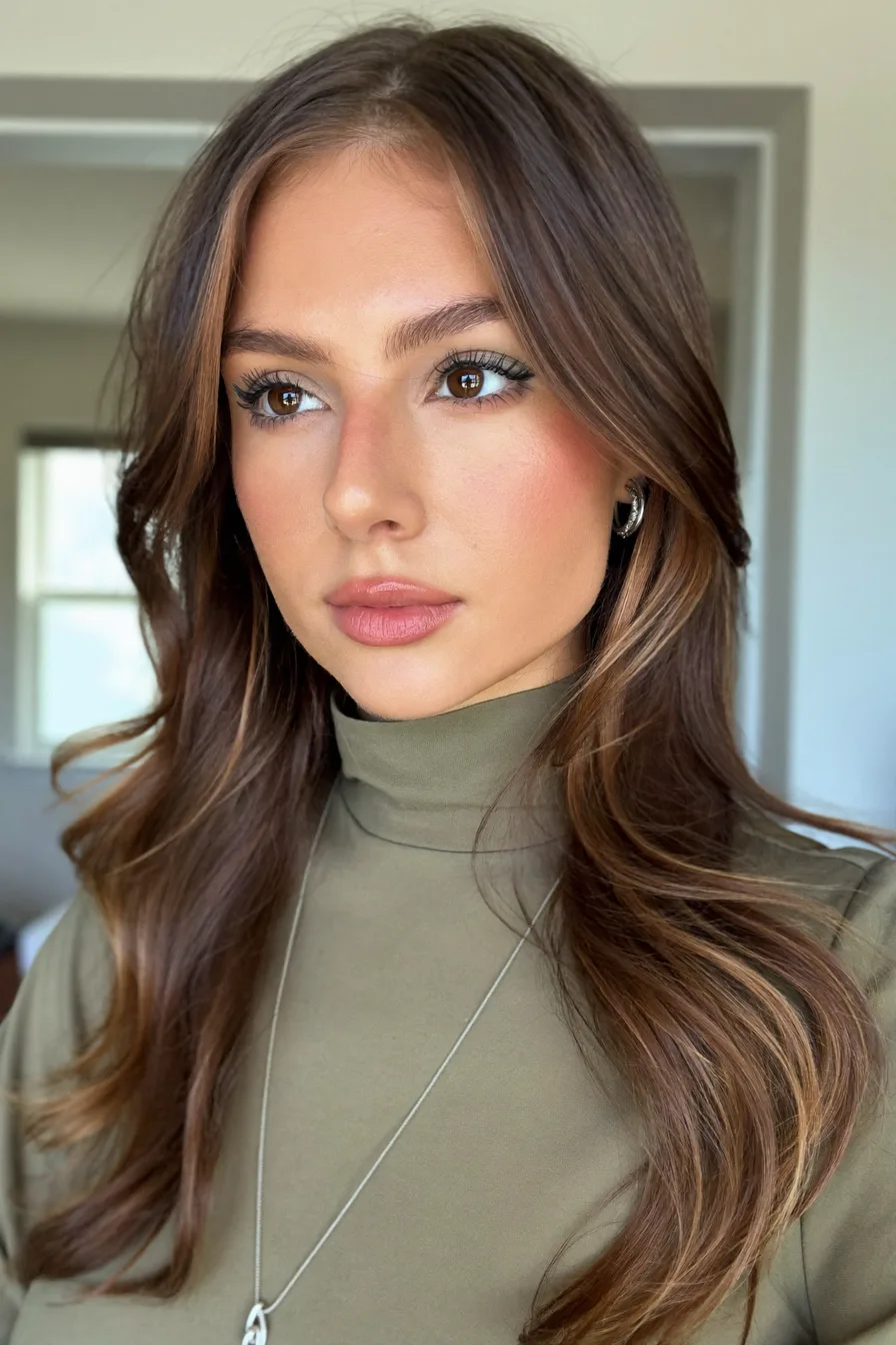 Modern Long Layers with Honey Blonde Balayage and Curtain Bangs