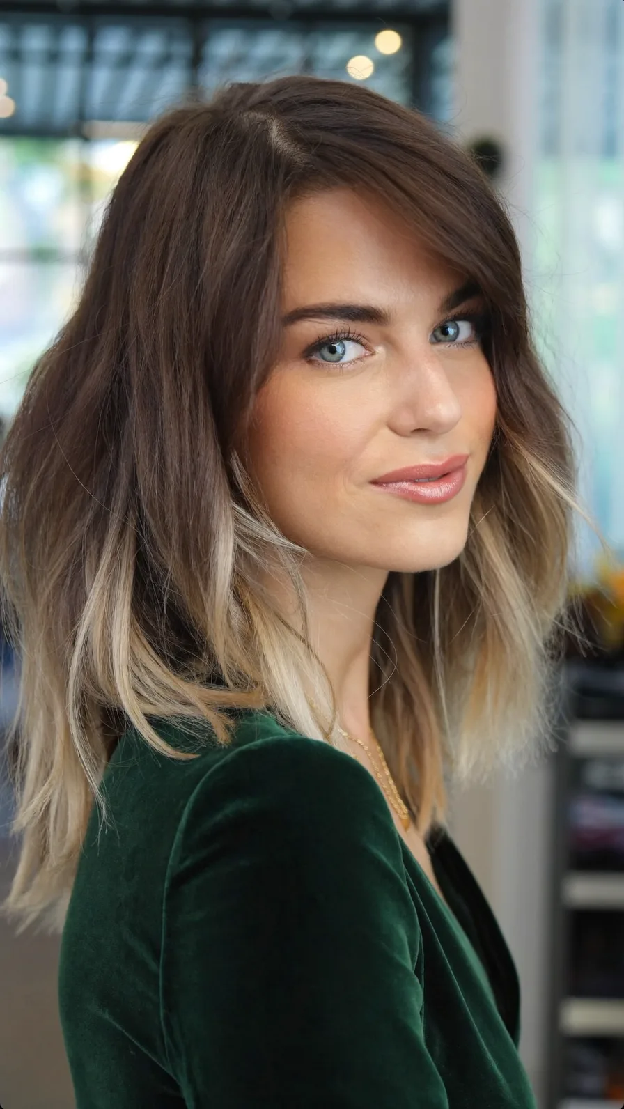 Textured Shoulder-Length Long Layered Balayage Hairstyle