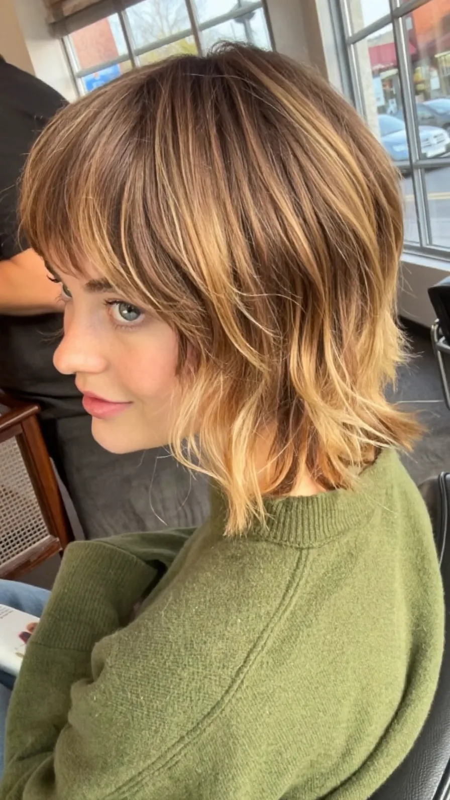 Textured Chin-Length Bob with Blunt Bangs and Balayage Highlights