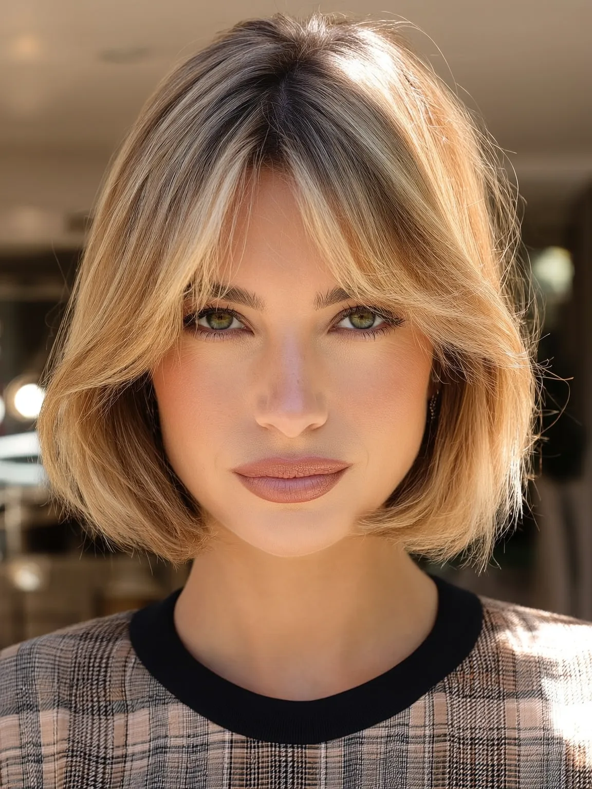 Chin-Length Bob with Honey Blonde Balayage and Curtain Bangs
