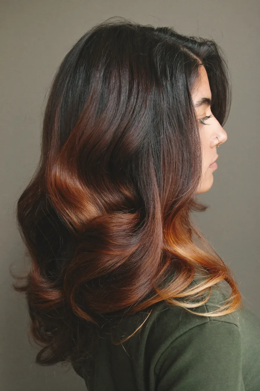 Long Layered Waves with Caramel Balayage Highlights