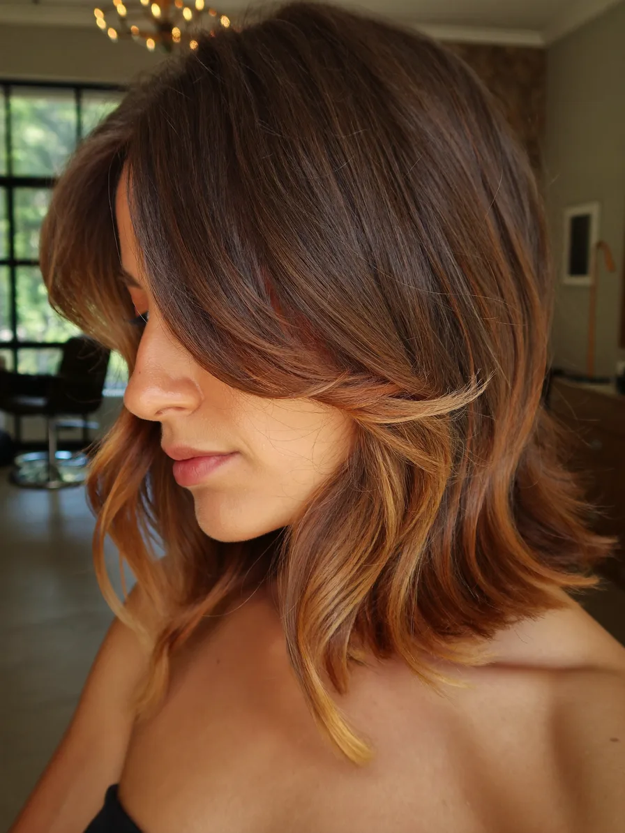 Warm Chestnut Brown Shoulder-Length Hair with Balayage Layers