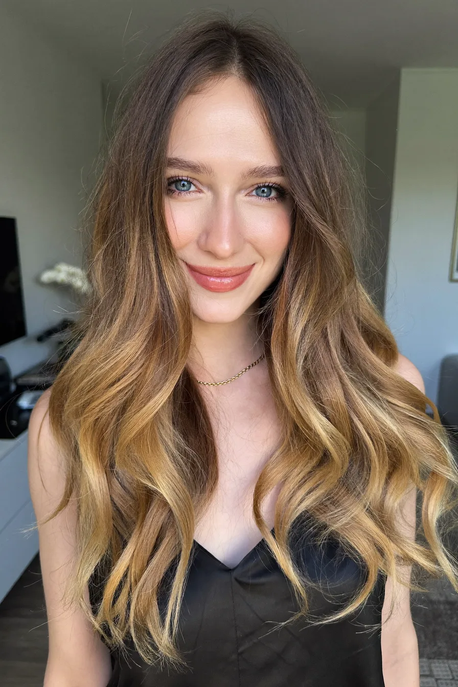 Modern Long Layers with Honey Blonde Balayage Highlights