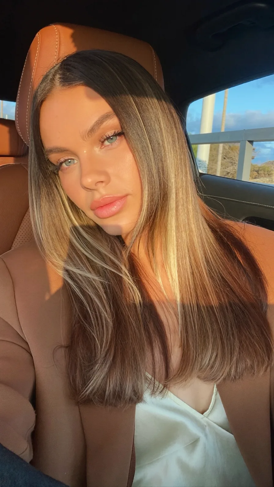 Sleek Dark Brown Shoulder-Length Hair with Ash Blonde Balayage
