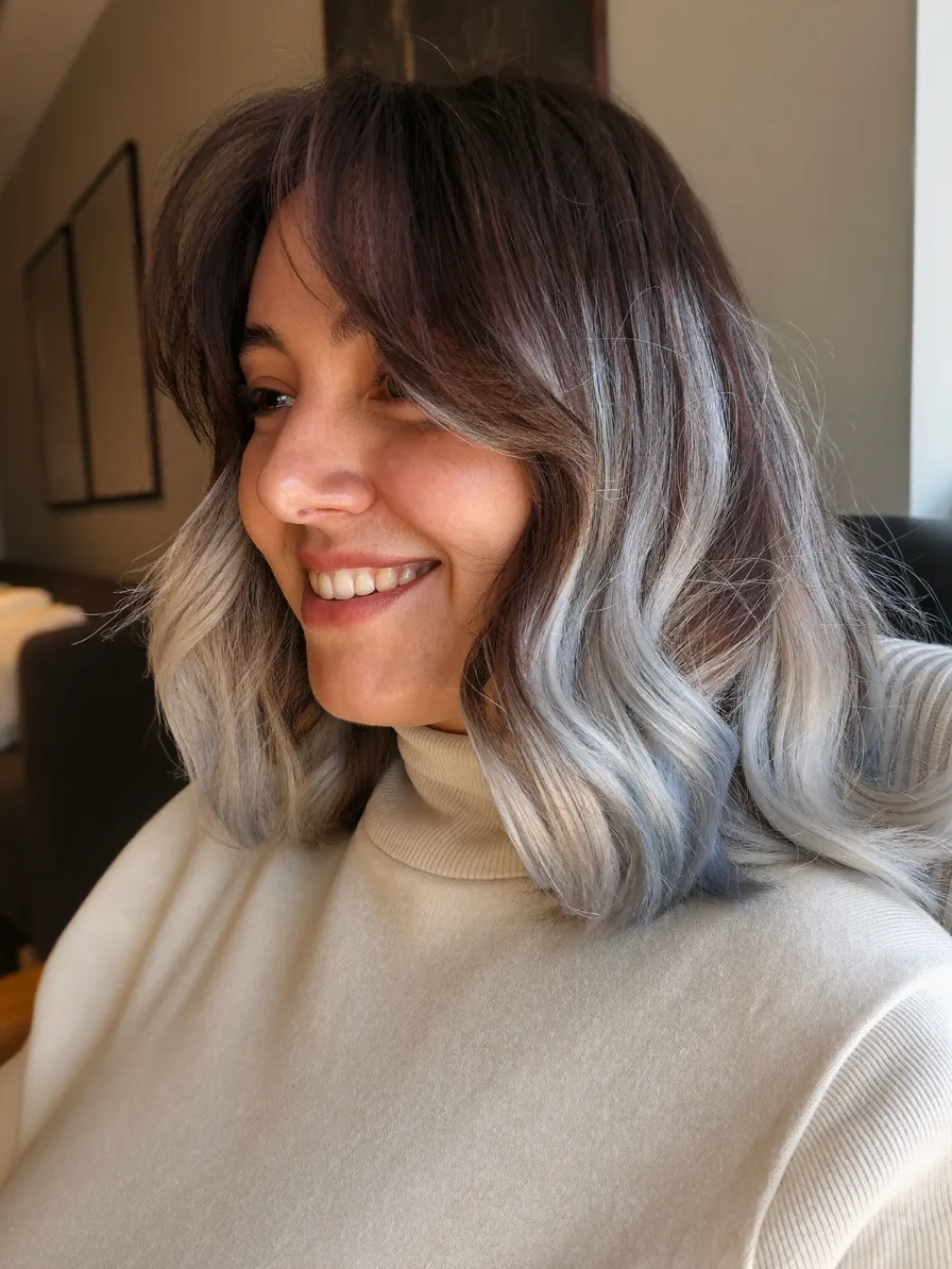 Modern Dimensional Lob with Curtain Bangs and Balayage Highlights