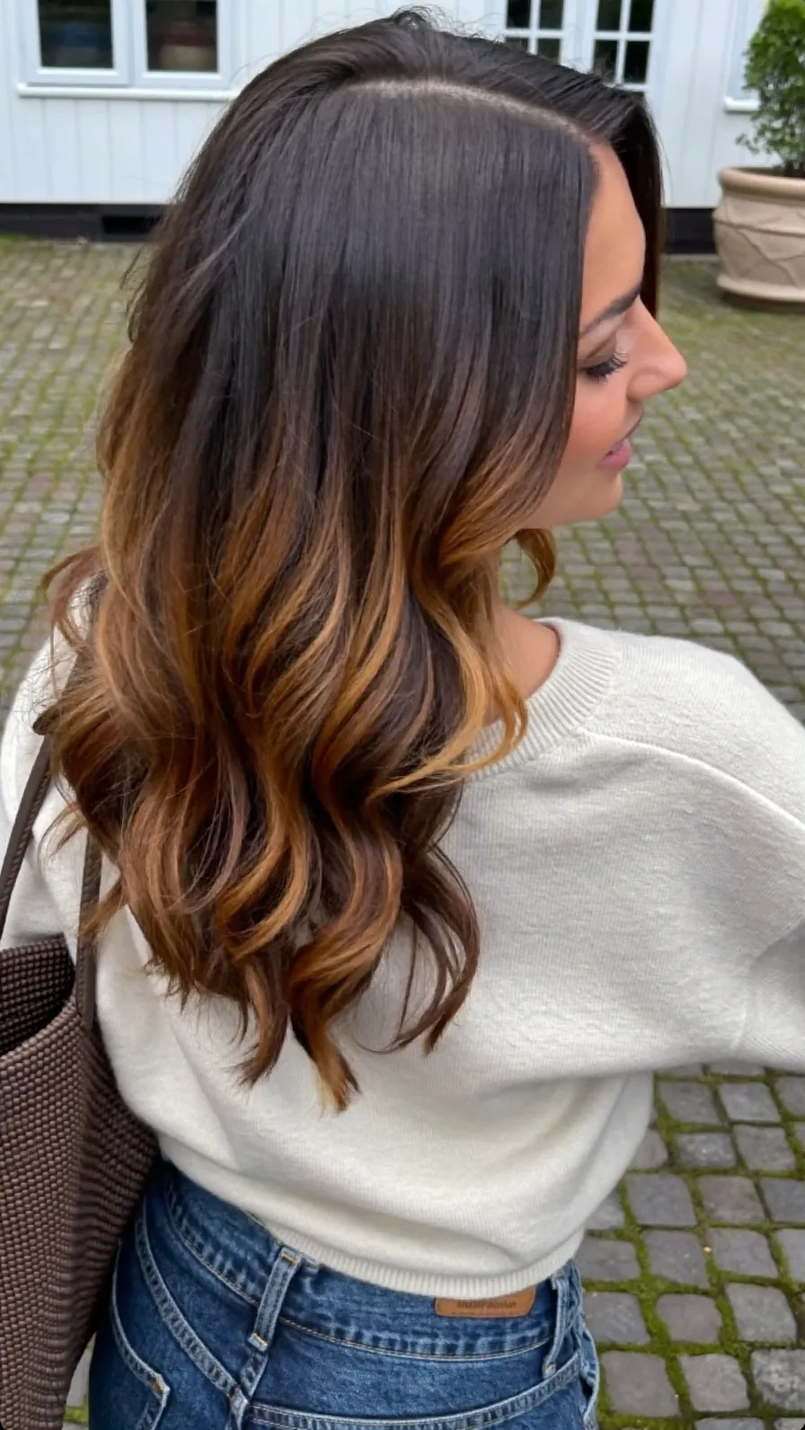 Medium Length Wavy Hair with Warm Caramel Balayage Layers