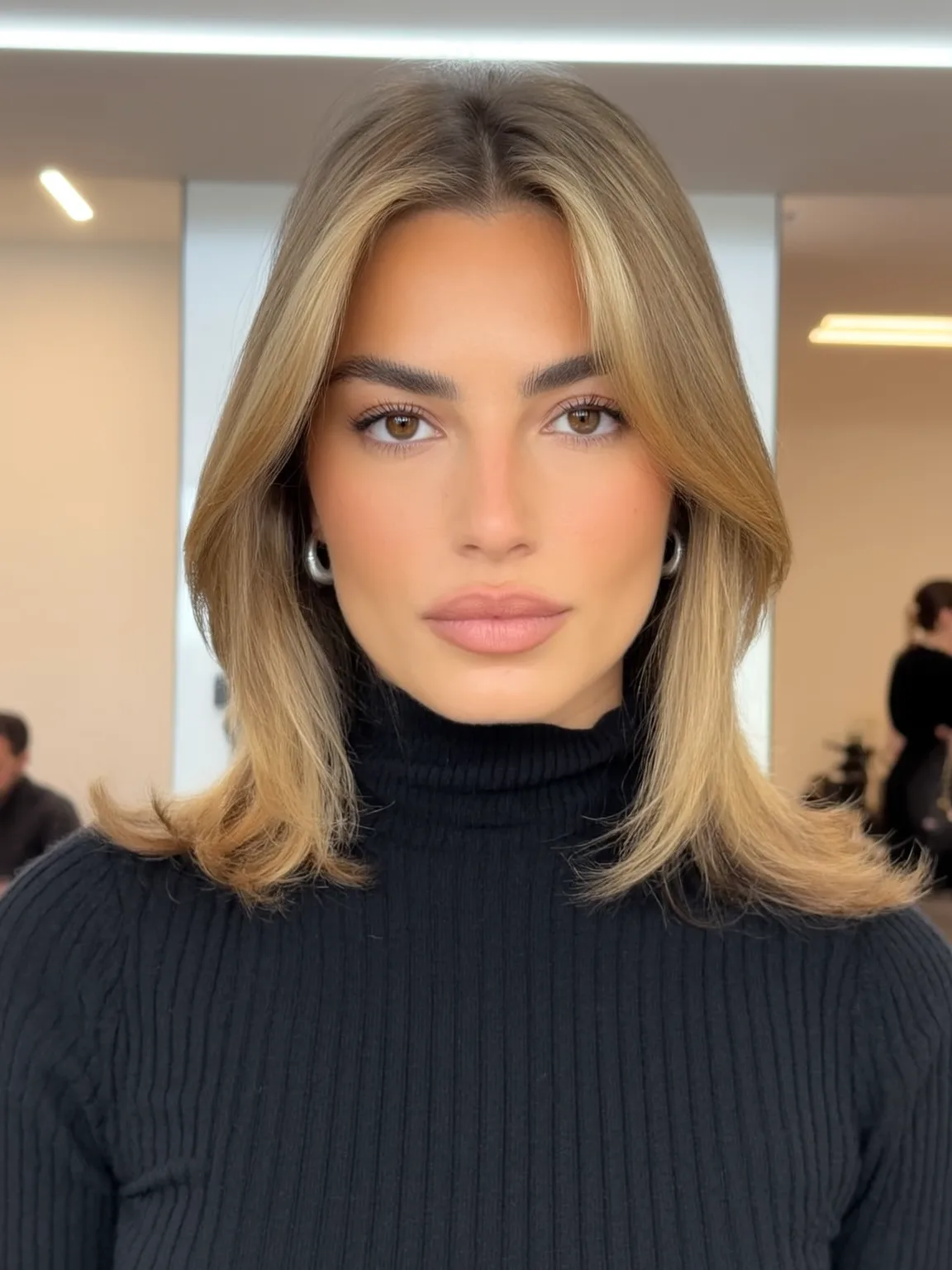 Flowing Honey Blonde Lob with Curtain Bangs