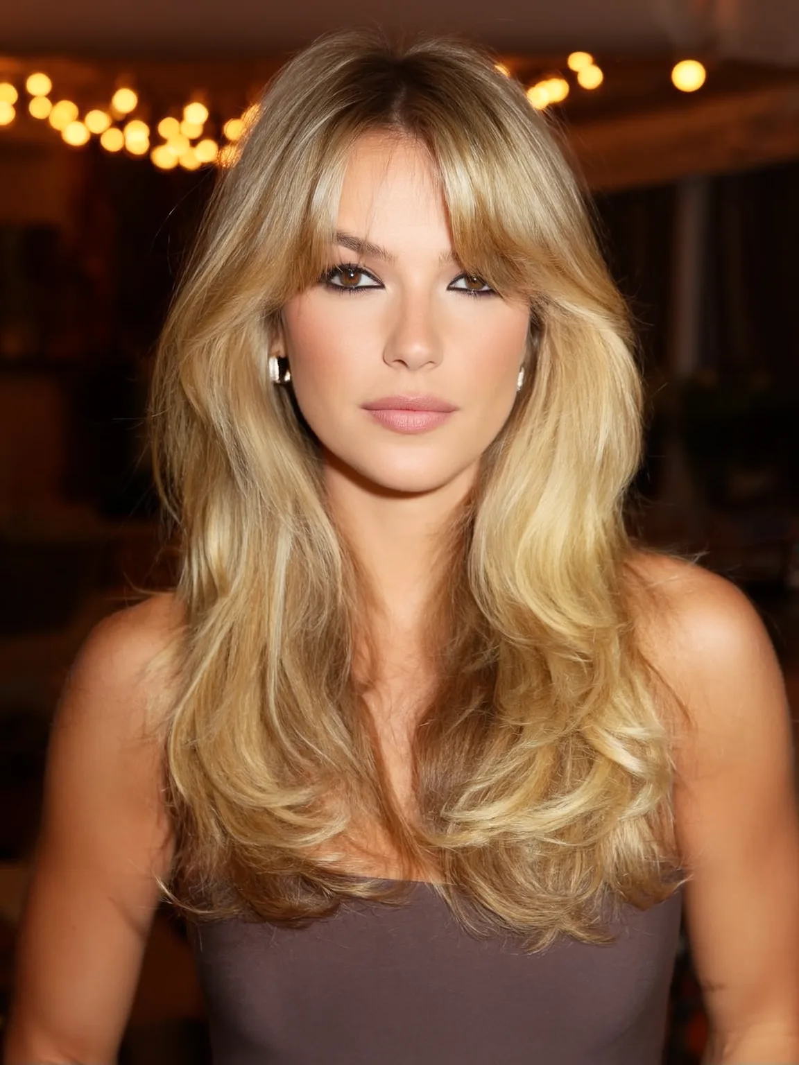 Long Honey Blonde Layers with Curtain Bangs