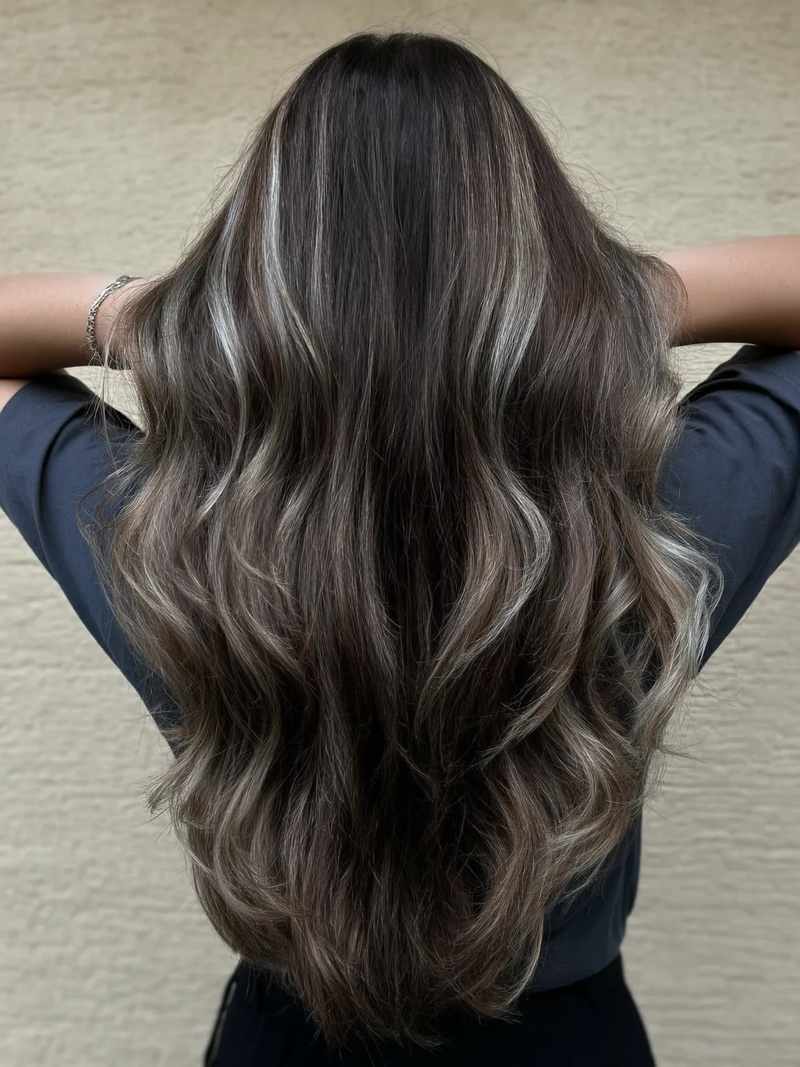 Long Layered Chocolate Brown with Ash Balayage