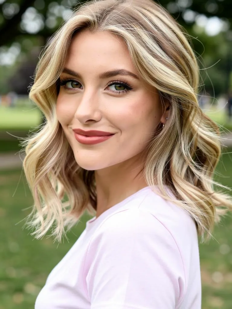Shoulder-Length Lob with Honey Blonde Balayage Waves
