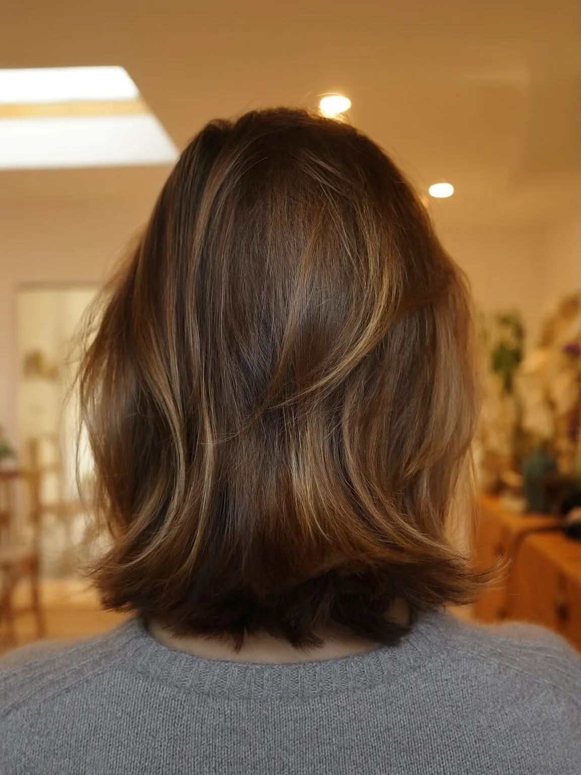 Caramel Brown Balayage Lob with Straight Texture