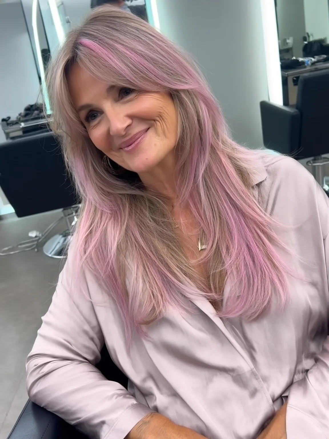 Long Honey Blonde Layers with Curtain Bangs Accent