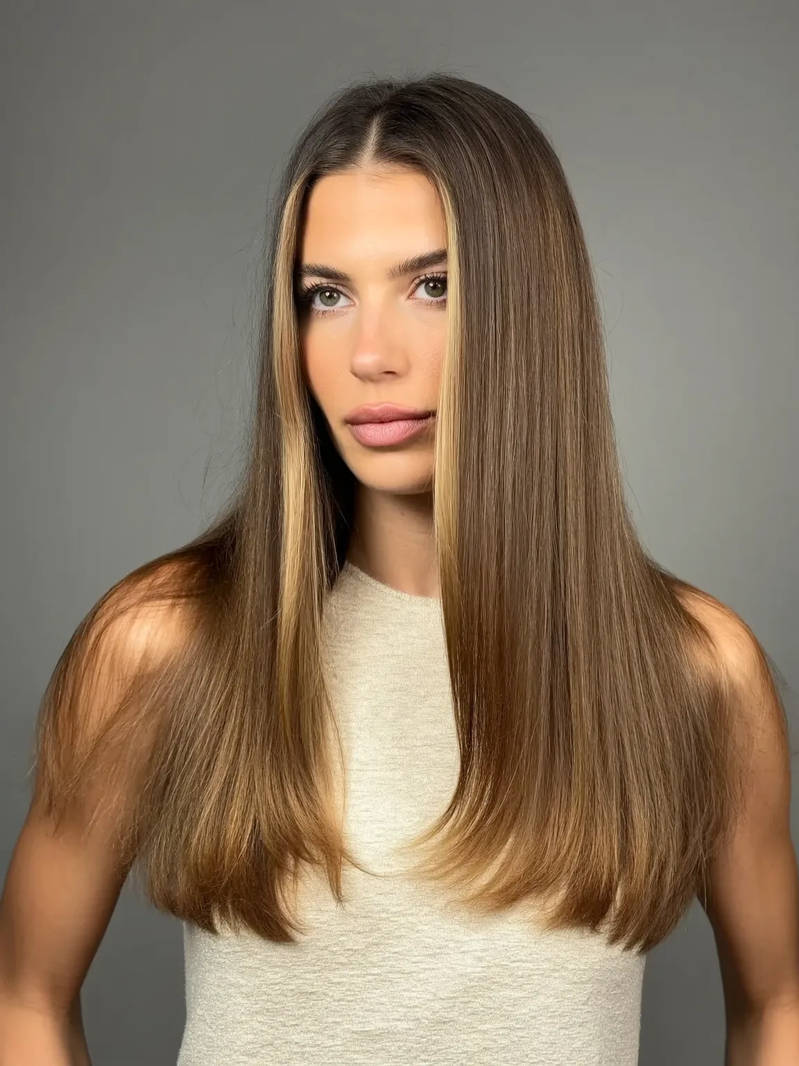 Long Straight Honey Blonde Layers with Radiant Balayage