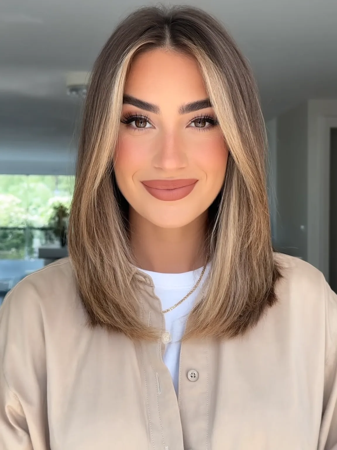Classic Shoulder-Length Honey Blonde Lob with Straight Texture