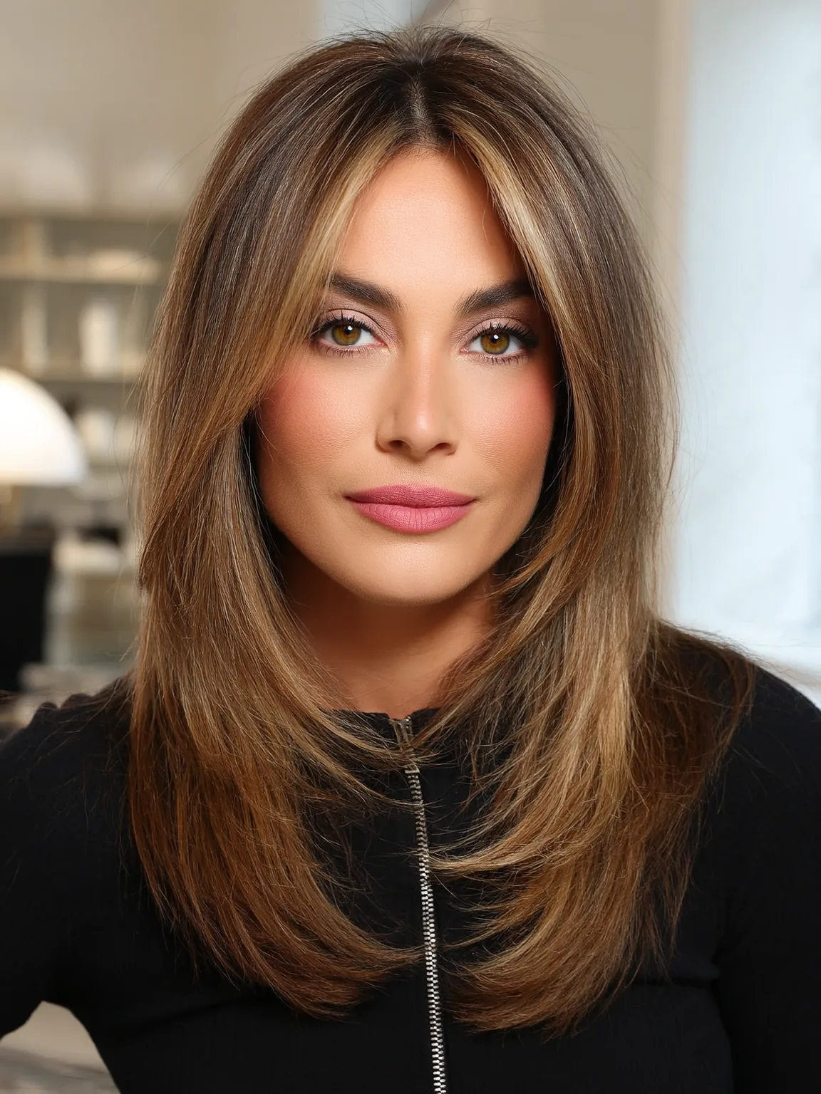 Medium-Length Straight Layers in Honey Blonde Balayage