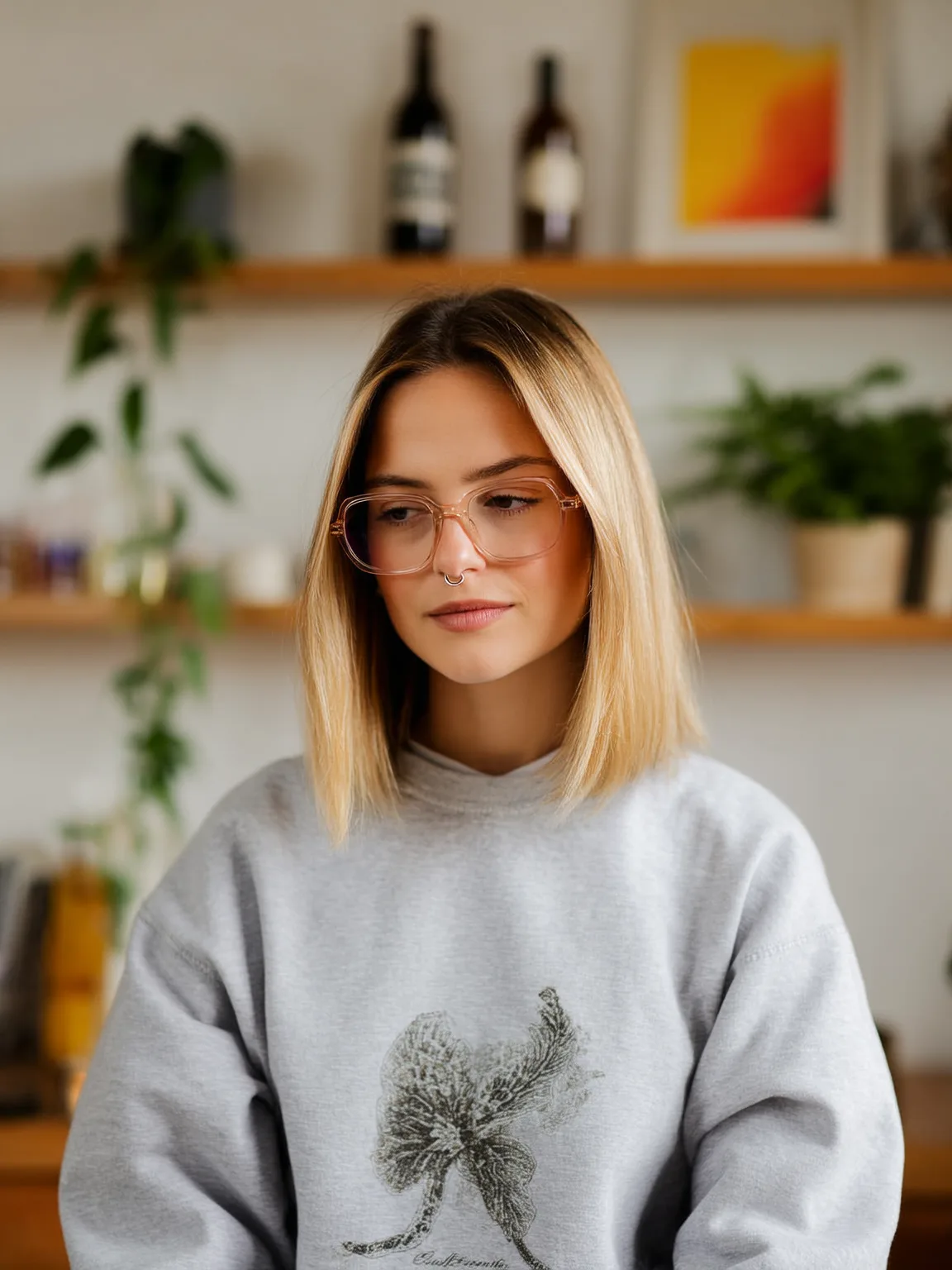 Round Face Lob with Honey Blonde Balayage and Sleek Finish