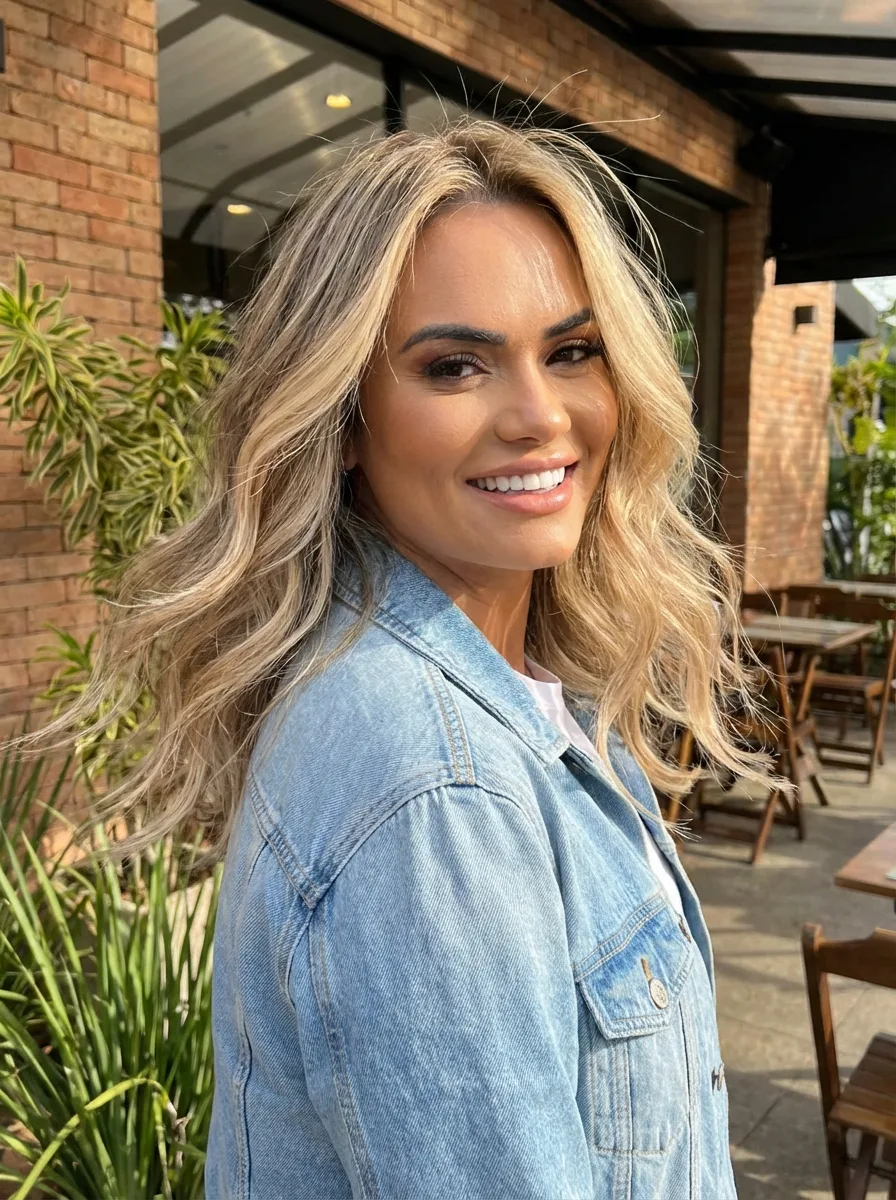 Wavy Shoulder-Length Lob with Honey Blonde Balayage
