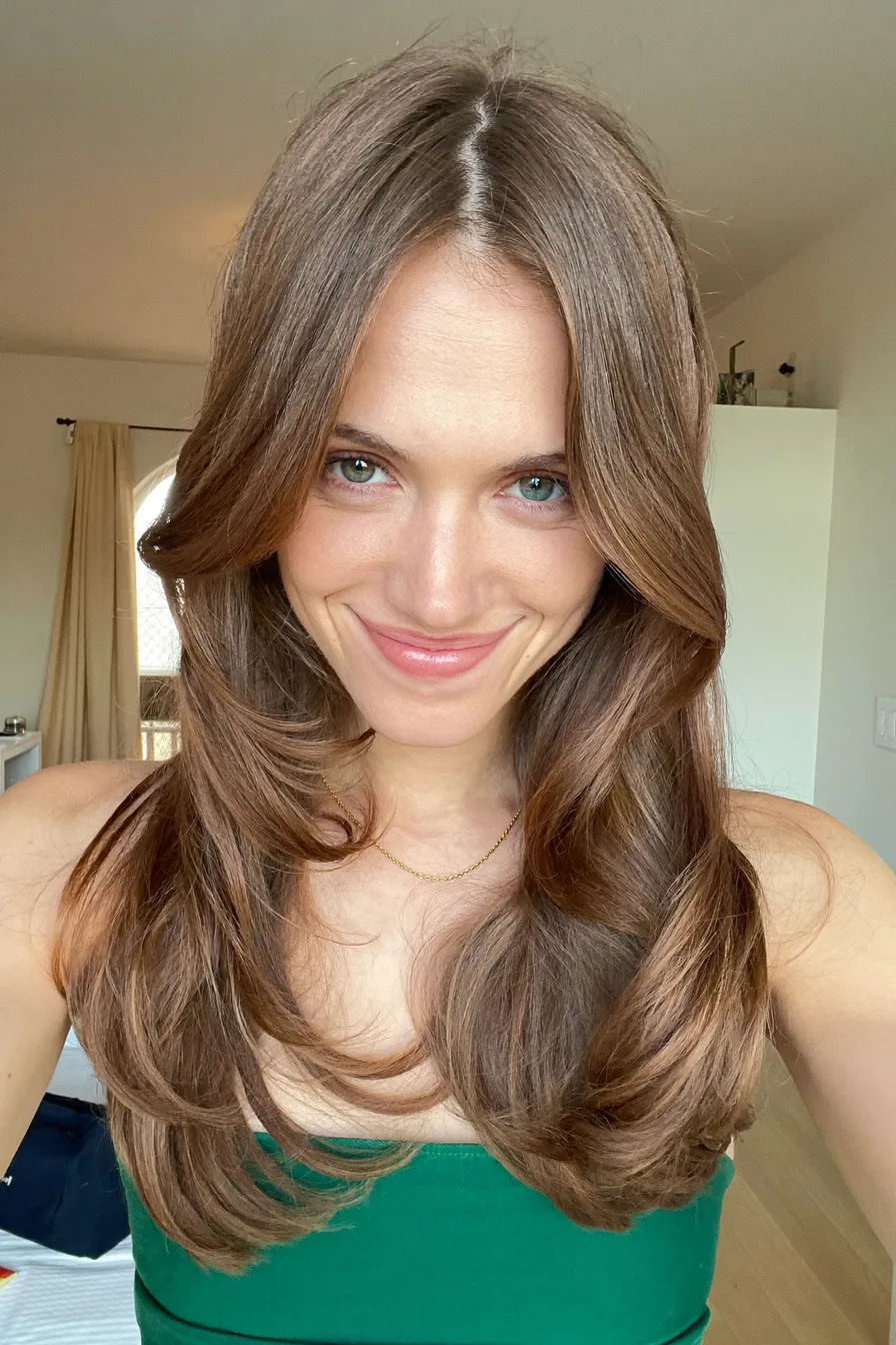 Face-Framing Wavy Long Layered Haircut with Soft Curtain Bangs