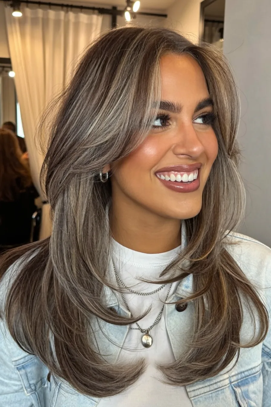 Face-Framing Voluminous Wavy Long Layered Haircut with Ash Highlights