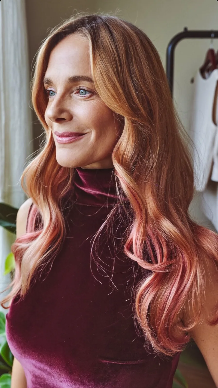 Flowing Long Layers with Warm Strawberry Blonde Balayage