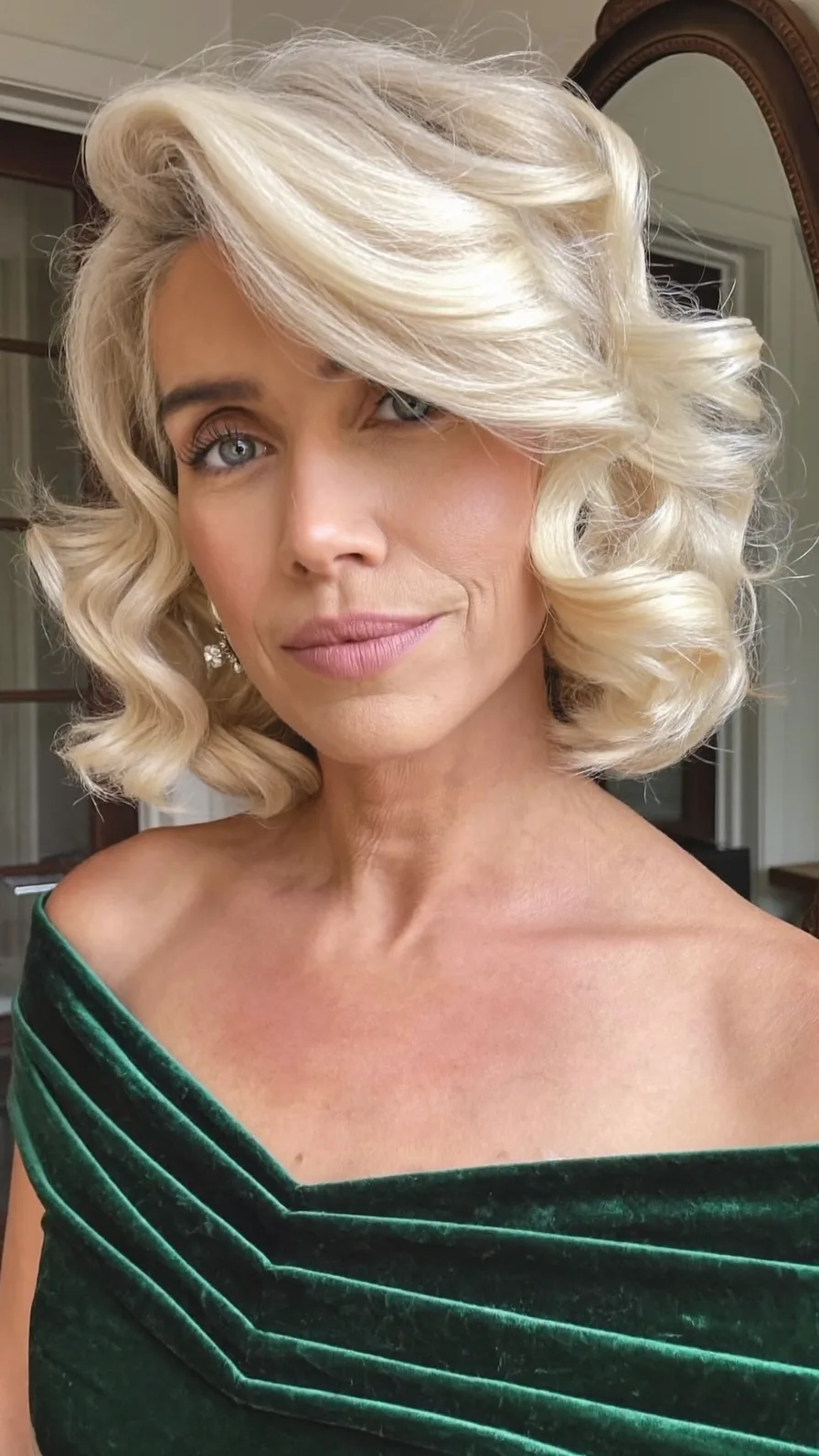Classic Voluminous Shoulder-Length Platinum Blonde Curls