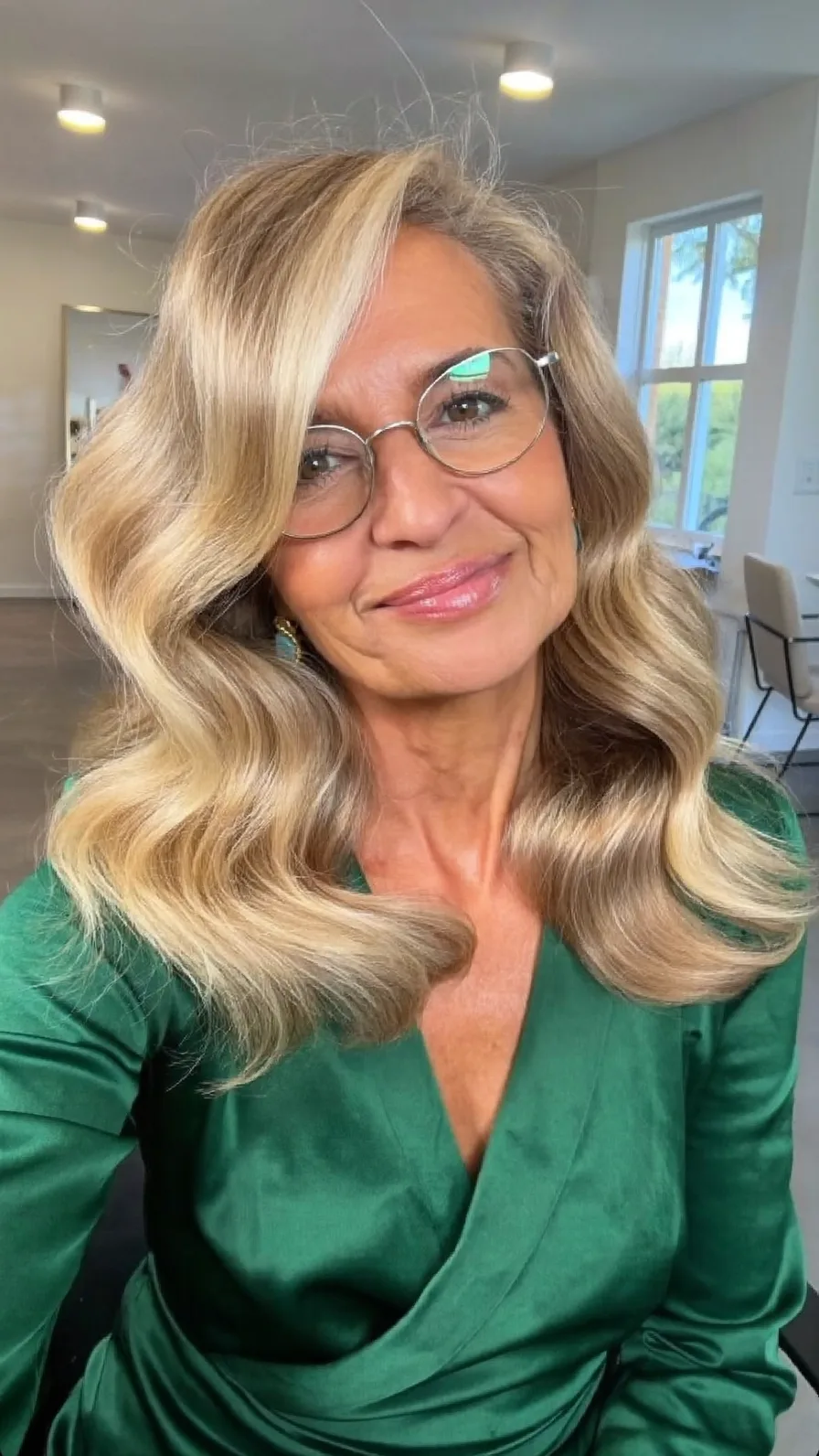 Elegant Medium-Length Warm Blonde Waves With Side-Swept Bangs