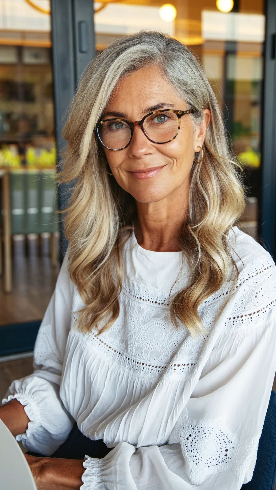 Soft Wavy Medium-Length Layers with Silver Blonde Highlights