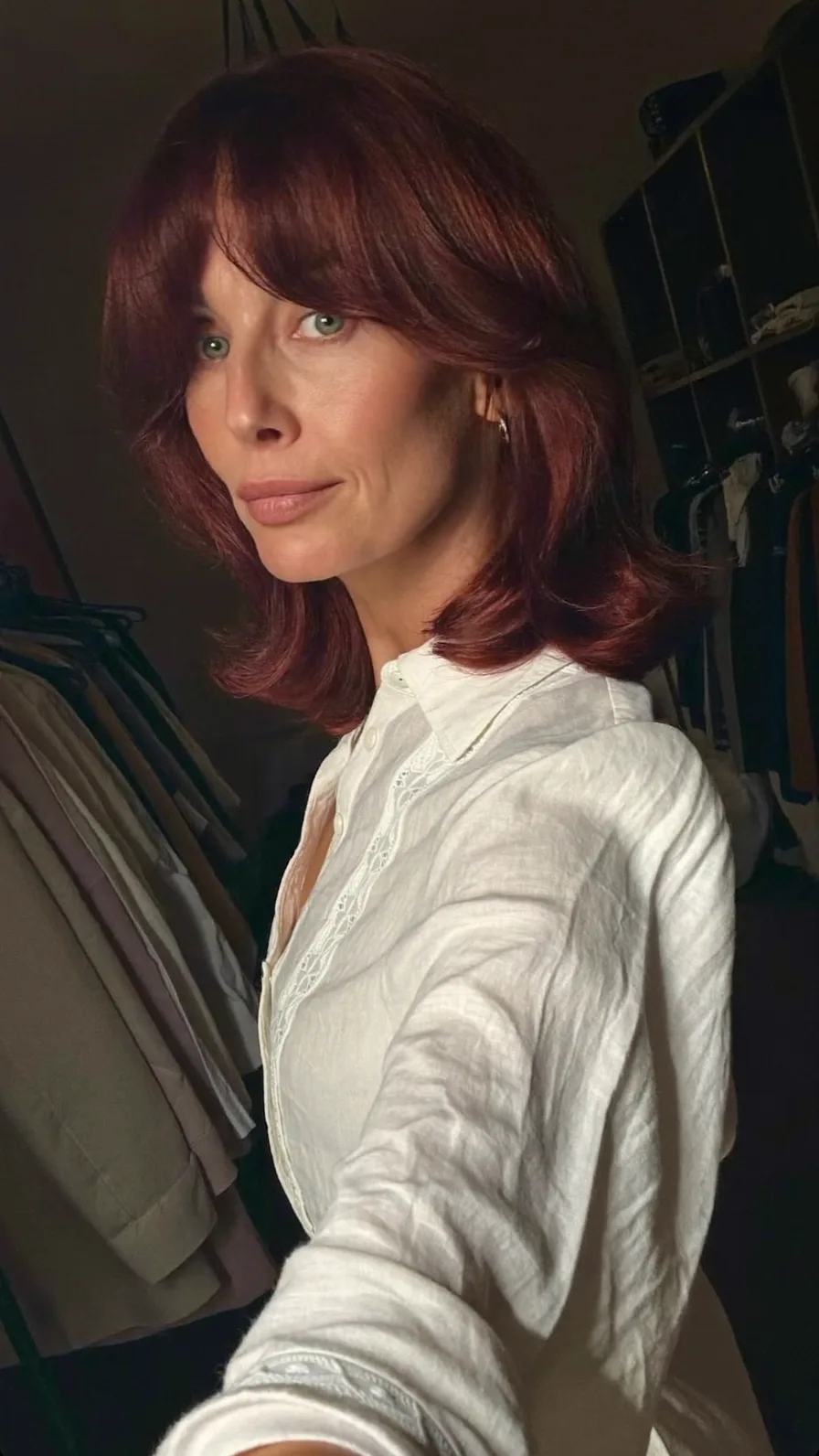 Shoulder-Length Feathered Hairstyle with Deep Auburn Hue