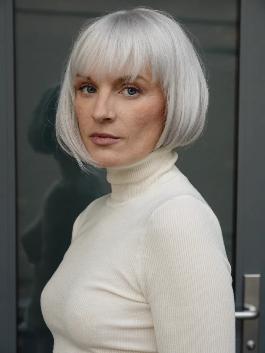 Sleek Chin-Length Bob with Blunt Bangs for Mature Hair