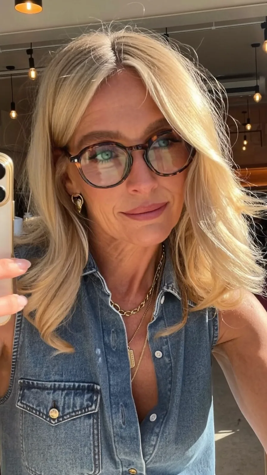 Voluminous Honey Blonde Medium Length Long Layered Hairstyle