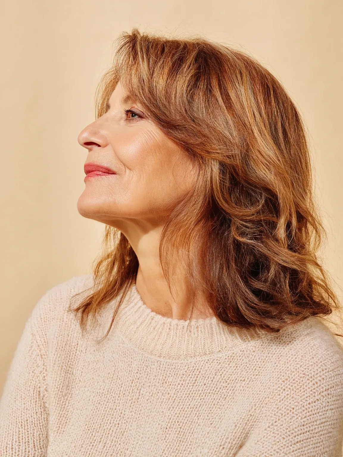 Warm Caramel Brown Wavy Medium Layers with Side Bangs