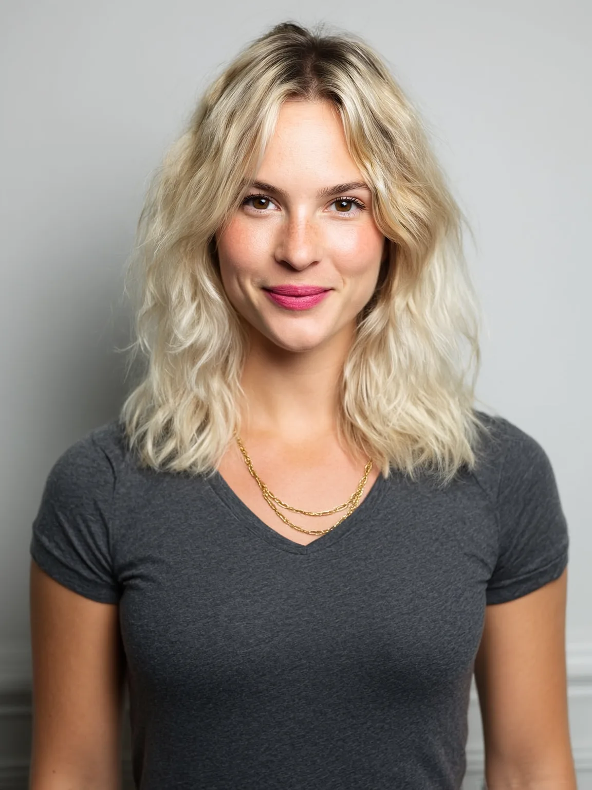 Sandy Blonde Wavy Shoulder-Length Lob with Curtain Bangs