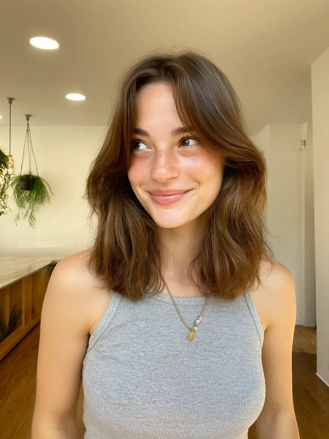 Chestnut Brown Shoulder-Length Wavy Layers with Curtain Bangs