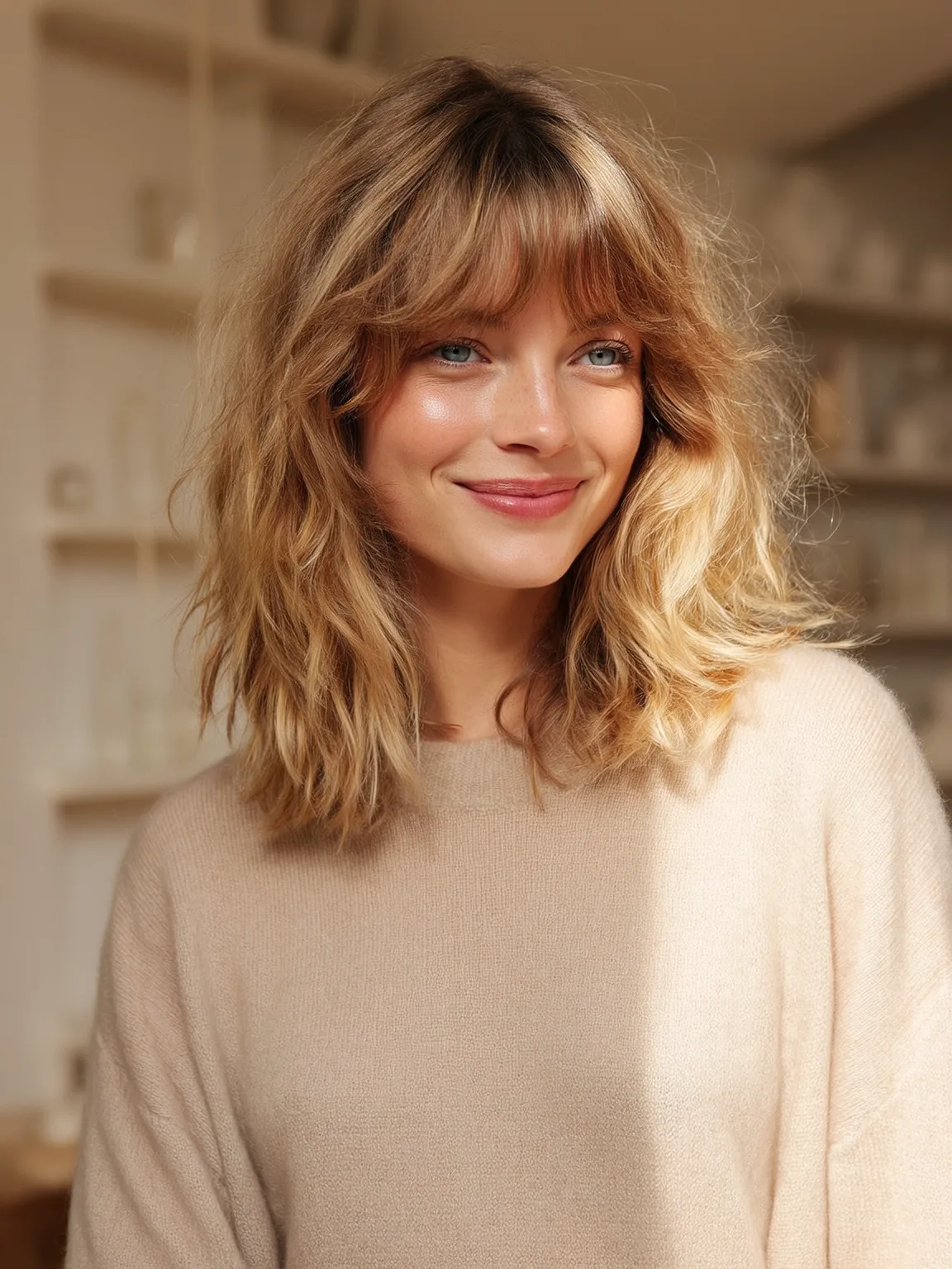 Voluminous Sandy Blonde Wavy Shoulder-Length Shag