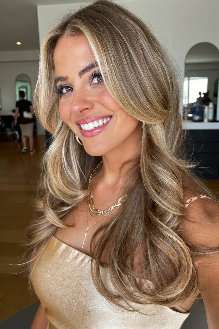Soft Face-Framing Honey Blonde Wavy Long Layered Haircut